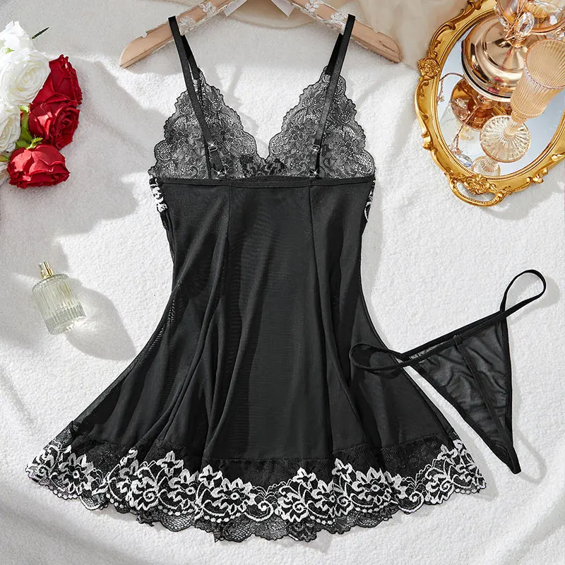 Sleepwear Women Nightgown Lace Deep V Suspender Pajama Sets With Thong Black Semi-transparent Dress Homewear Night Wear Lingerie