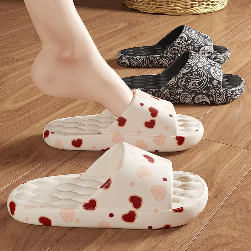 

New Cute Love Print Design EVA Thick Sole Women Slippers Slides Bathroom Beach Indoor Sandals Summer Couple Shoes