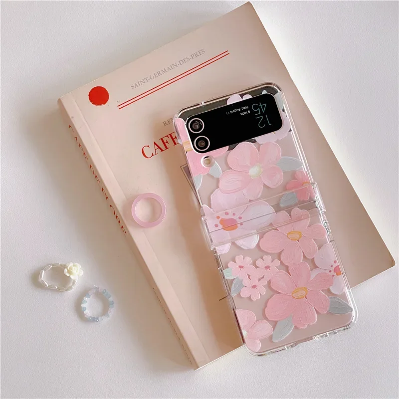 Romantic Pink Oil Painting Flower Phone Case for Samsung Galaxy Z Flip6 4 3 Hard Cover for ZFlip5 Zflip4 Solid Shell Bracket