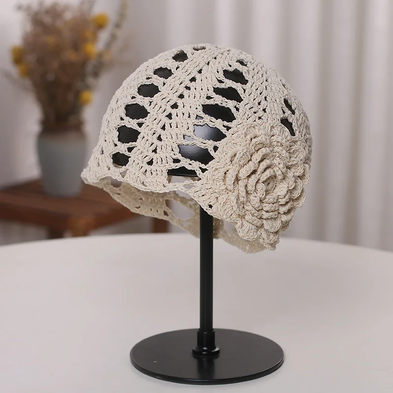 2024 Spring and Summer Handmade Knitting Flowers Cap Ladies Lace Breathable Turban Cap Fashion Knitted Wool Cap Wrapped Head Hat