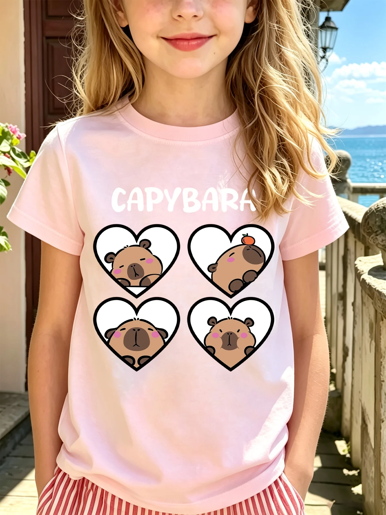 Heart Shape Capybara Kids Tee Cute Cartoon Animal Graphic Print Boys Girls Family Matching Cotton Short Sleeve Children Tshirt