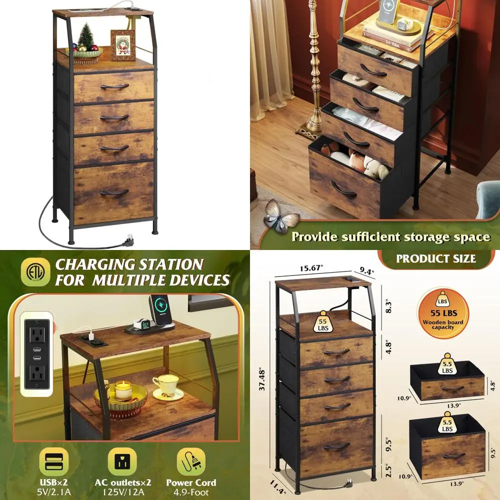 

37 Tall Rustic Brown Nightstand with Charging Station, LED Light, and Storage Bins