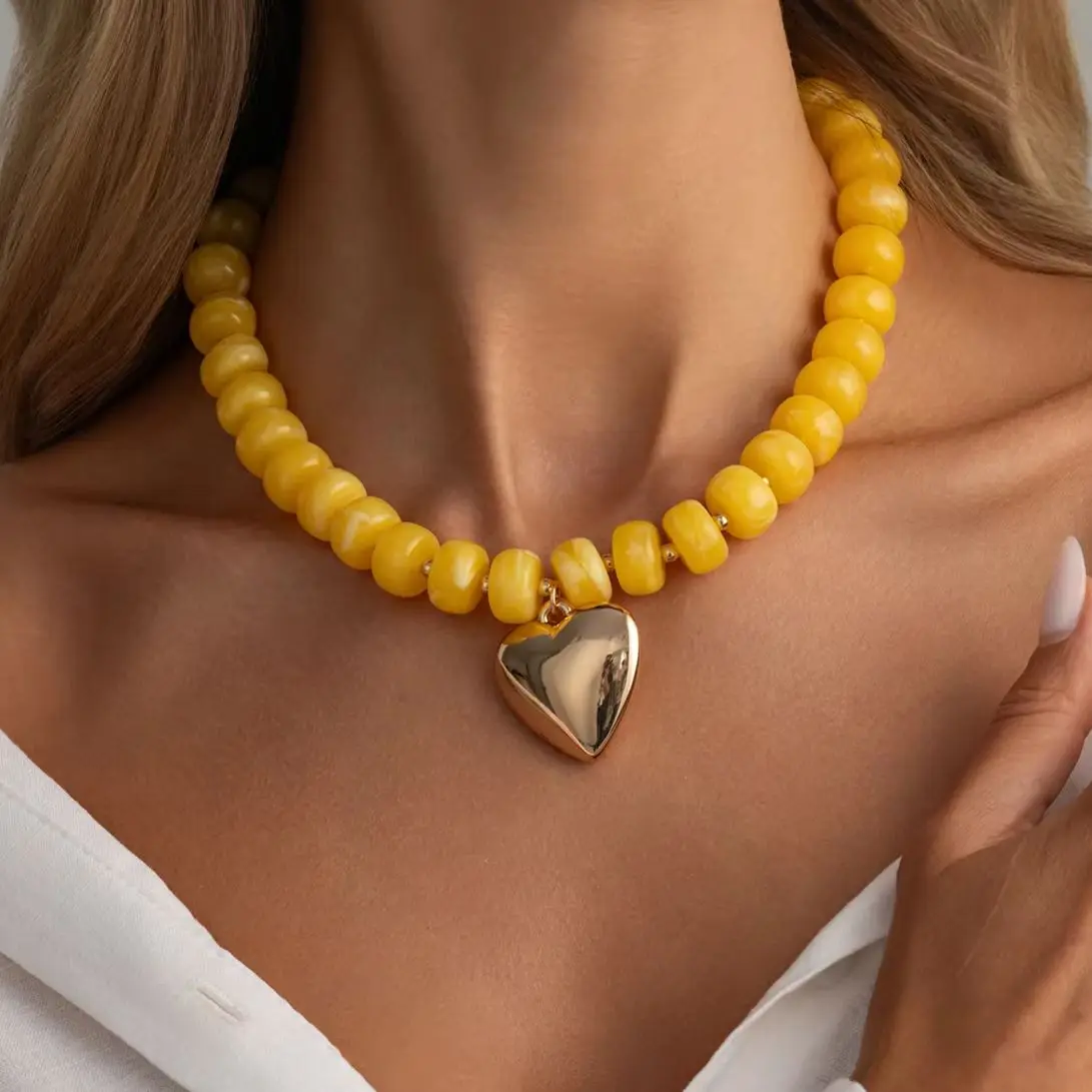 

Ingemark Bohemia Colorful Resin Acrylic Beaded Choker Necklace Women Y2K Gold Color Heart Pendant Clavicle Chain Holiday Jewelry