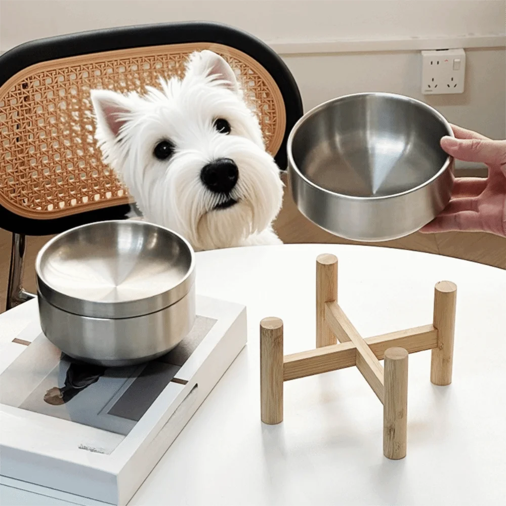 

Wooden Stand Stainless Steel Dog Bowl Rust-proof Elevated Cat Food Bowl Tilt-proof Thickened Pet Feeding Bowl for Puppy Dog Cats