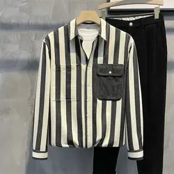 2024 Spring Autumn Men's New Splicing Square Collar Button Pocket Fashion Stripe Minimalist Casual All-match Long Sleeve Shirts