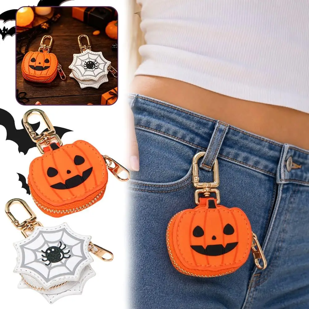 Mini Pumpkin Coin Pouch Keychain PU Leather Zipper Purse for Coins Cash Lip Balm and Small Keys Halloween Bag Accessory