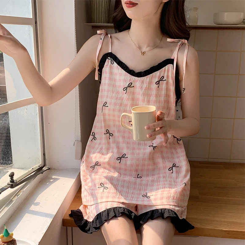 CHENGAISI Slip Pajama Suit Summer Women's Nightwear V Neck Sleepwear Set Thin Suspender Nightgowns Casual Loungewear 2PC Nightie