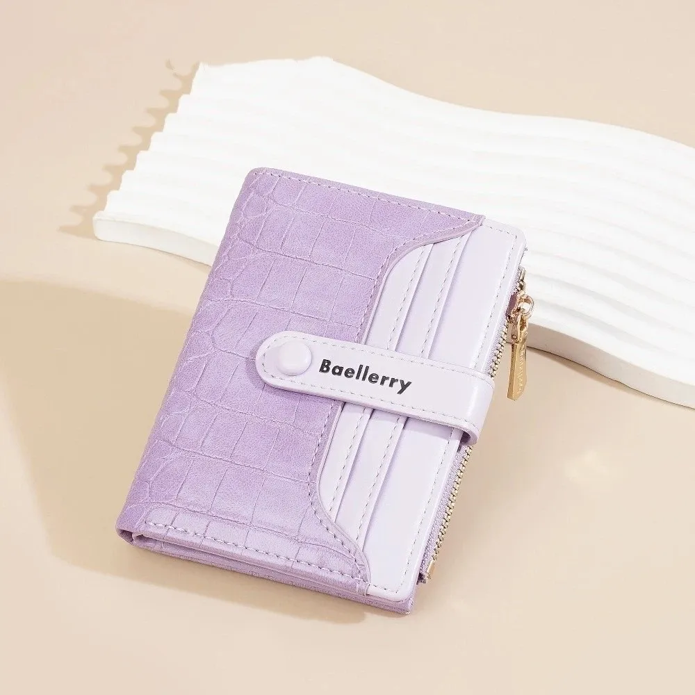 Portafoglio corto in pelle PU moda Portamonete con cerniera tinta unita Porta carte con bottoni in pietra da donna