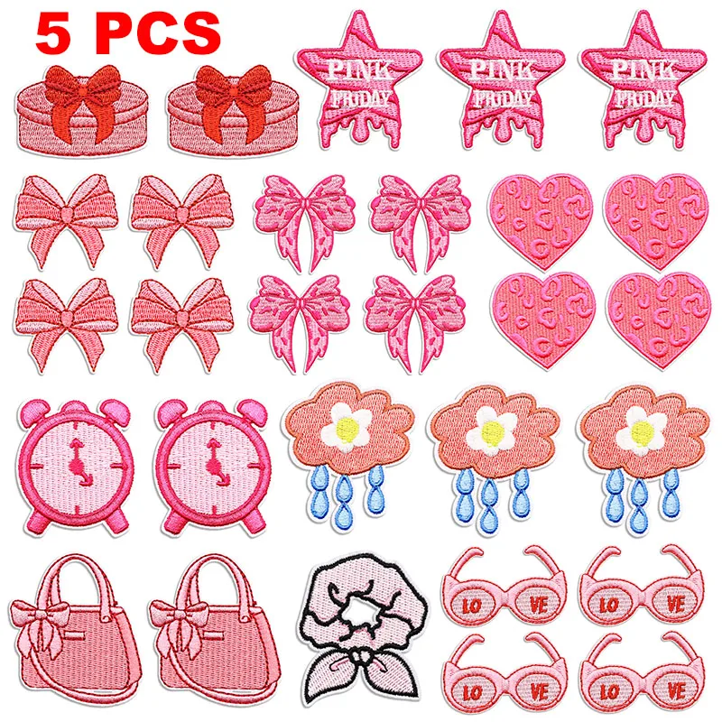 

5 Pcs/Set Pink Valentine's Day Applique Iron On Patches On Clothes Cartoon Love Bow Embroidery Patch For Clothing Sewing Badges