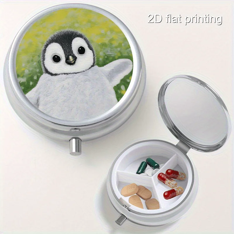 1Pcs Grassland Penguin Creative Printed Pattern Round Metal Box with 3 Compartments, Portable Mini Metal Box, Nutritional Vitamin Metal Box, Portable Metal Box for Home and Travel, Multifunctional Organizer Box for Decorations, Earrings, Jewelry, Multi-Compartment Storage Small Metal Box, Sealed and Moisture-Proof, Unique Holiday Gift for Family and Friends