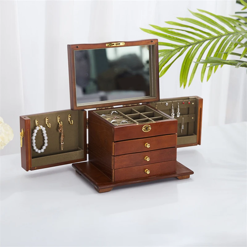 

Wooden Retro Jewelry Box Large with Lock Jewelry Box Ring Earring Necklaces Storage Boxes Bring Mirror Display Holder Organizer