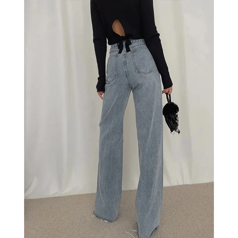 Irregular breasted high waisted jeans women's Raw edge straight leg pants Draping floor mop pants