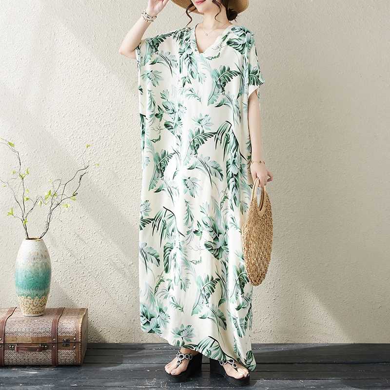 Damen-Kleid mit V-Ausschnitt, Blumendruck, schlankmachend, künstlerisch, Retro, Urlaub, lang, Dr. Baumwolle, Seide, Übergröße, ultralanges Kleid, Pendeln, hohe Damen...