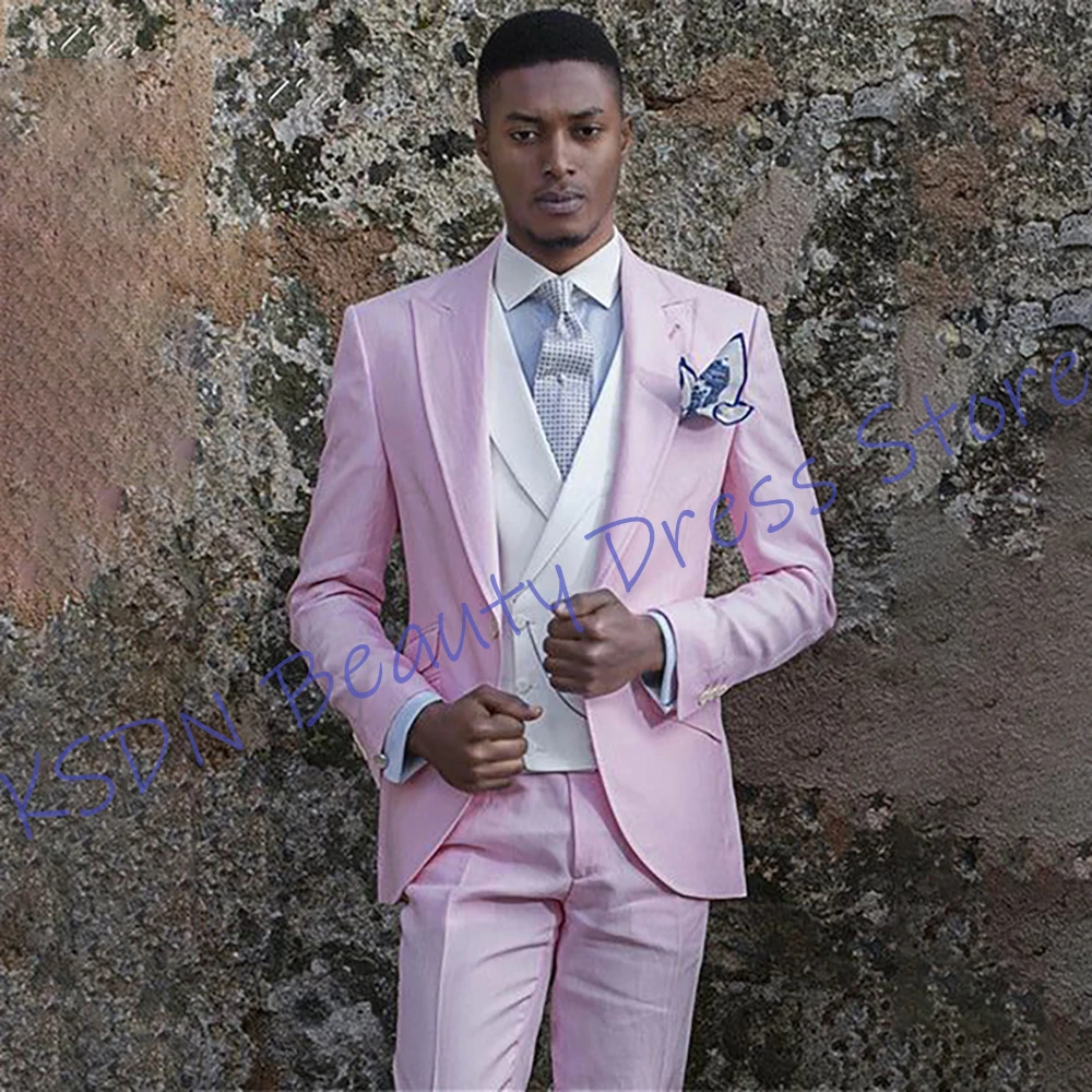 

Luxury Groom Best Man Pants Set Pink Slim Fit Wedding 3 Piece Suit Formal Prom Party Business Wear Jacket+Vest+Trousers