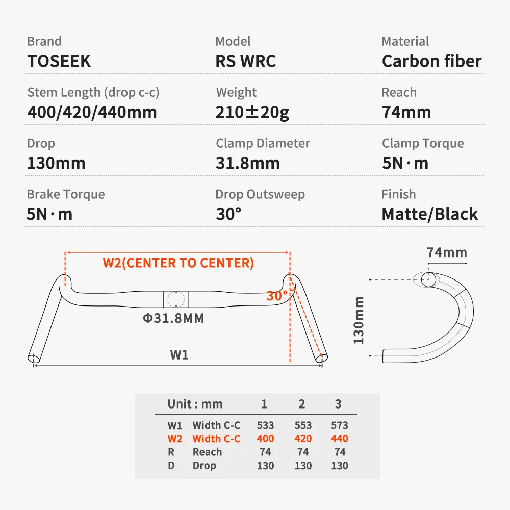 Toseek rs-wrc guiador de cascalho de carbono exotropismo guiador 31.8mm guidão de bicicleta de estrada ciclocross 400/420/440mm preto fosco