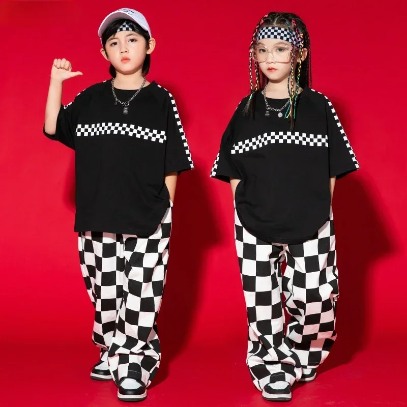 

Boys Street Dance Plaid Pants Loose T-shirt Girls Hip Hop Top Sweatpants Streetwear Clothes Set Kids Jazz Outfits Child Costumes