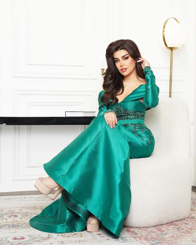 Охотничье зеленое вечернее платье русалки с кристаллами и открытыми плечами, с длинными рукавами, вечернее платье для выпускного вечера в Саудовской Аравии, индивидуальное платье