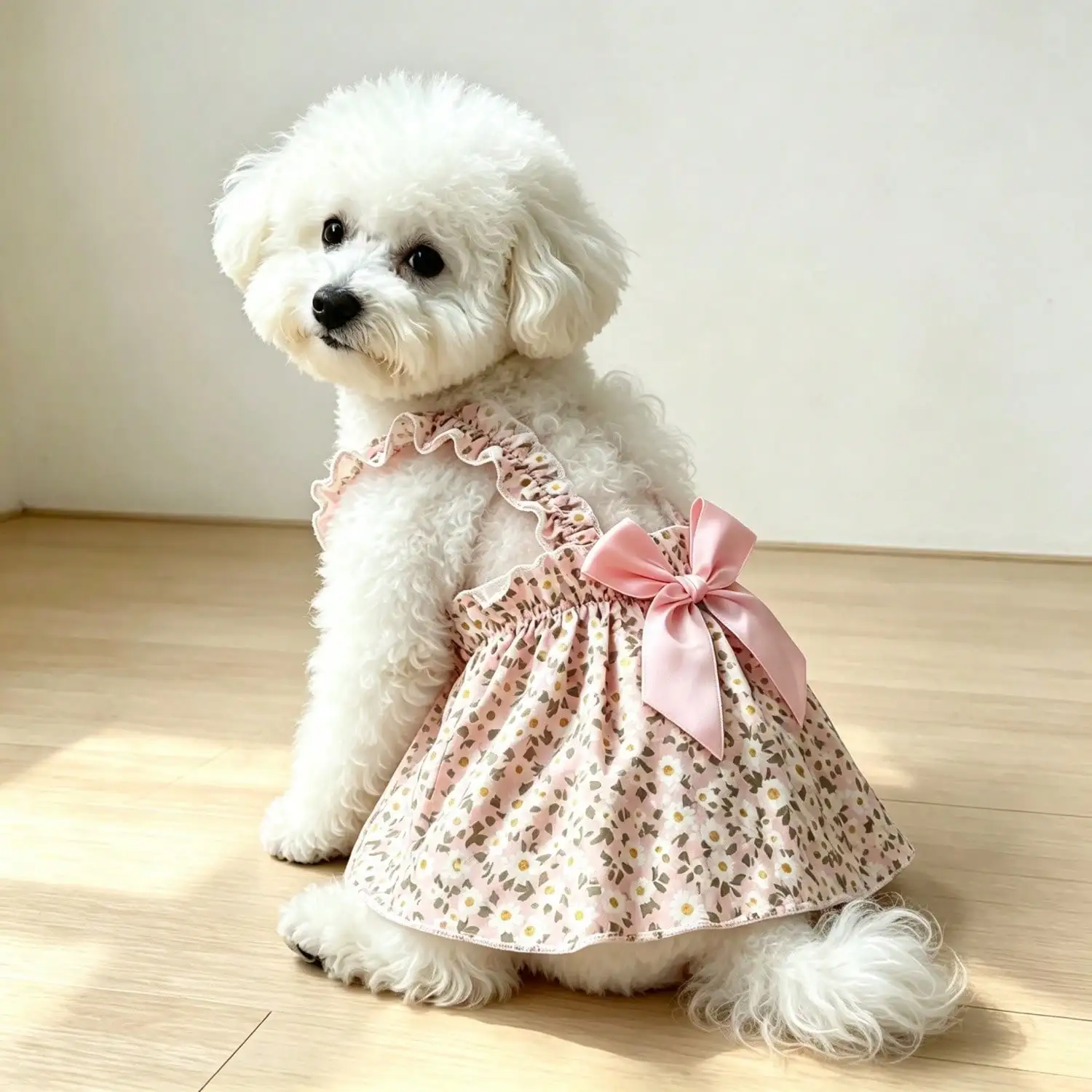 Sommerkleid für Haustiere, ärmellos, mit Blumenmuster, Rüschenriemen, großer Schleife als Dekoration für kleine Hunde, für den täglichen Gebrauch und Partys. – Detail 36