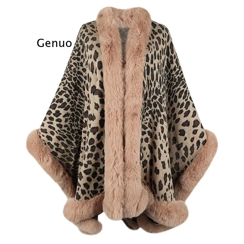 

2023 Winter Thick Warm Poncho Fur Collar Cape Coat Women Vintage Leopard Sweater Cardigan Female Batwing Sleeve Shawl