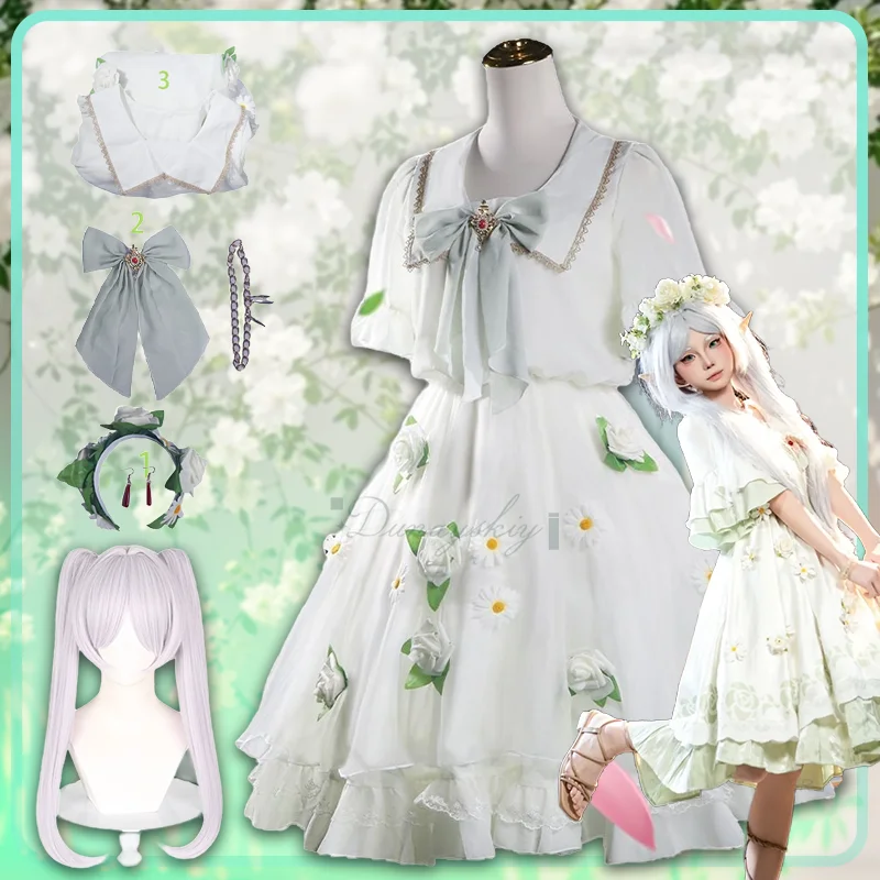 

Frieren Cosplay Costume Wig Anime Frieren: Beyond Journey's End Garland Headdress White Flower Skirt Woman Halloween Party Suit