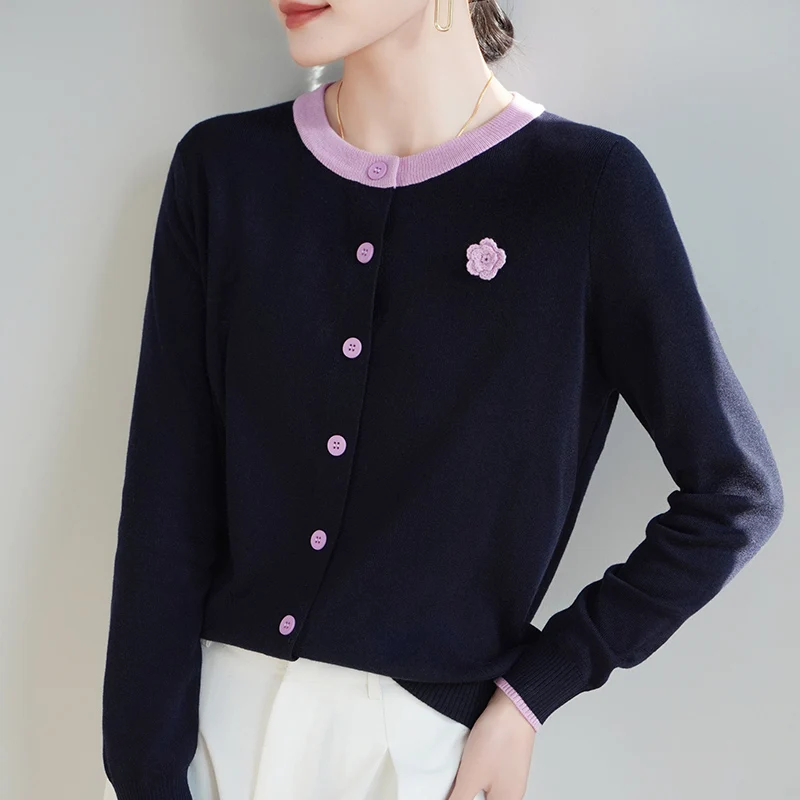 

Collar Color Matching Wool Cardigan Women's knitting Warm Loose Sweater Round Neck Rose decoration High-quality Basic Tops