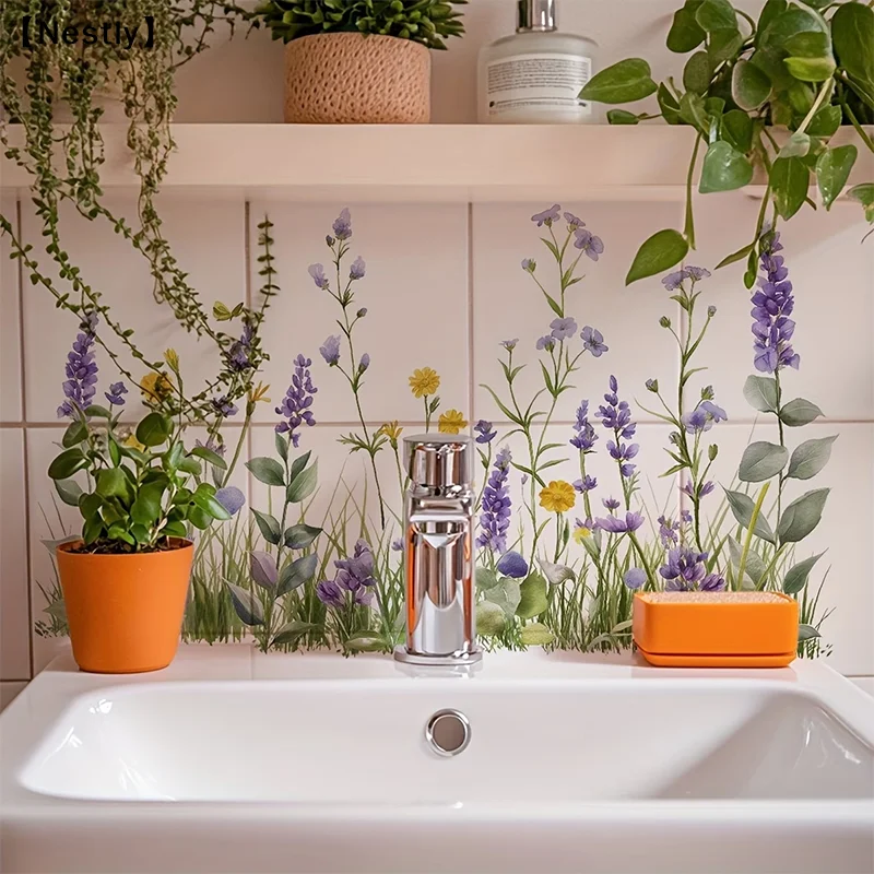 Fresh Floral Pattern Sink Area Background Wall Sticker Bathroom Wall Decoration Self-Adhesive Removable Waterproof 〔Nest〕