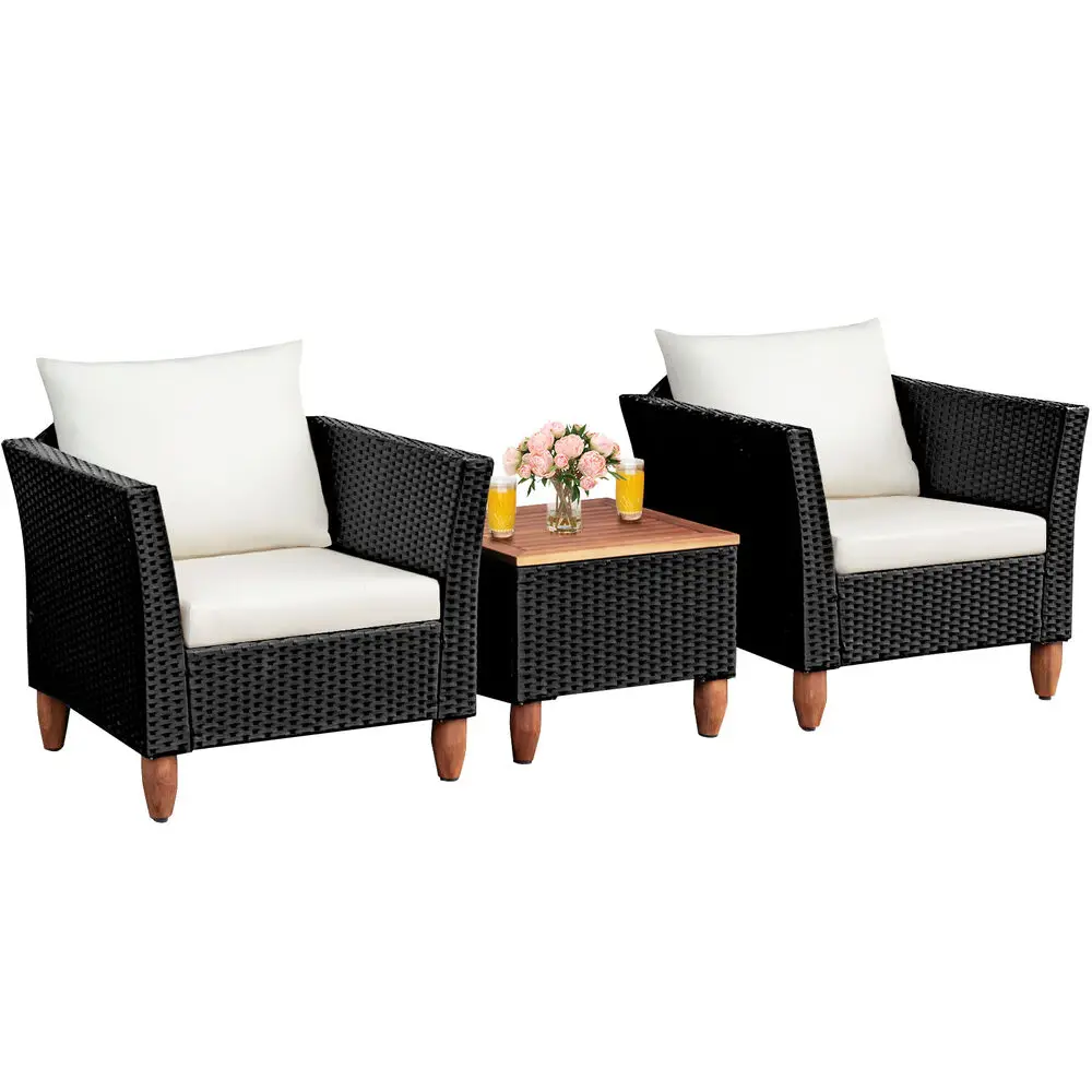 Juego de muebles de ratán para Patio exterior, mesa de madera, sofá acolchado, color blanco, 3 uds.