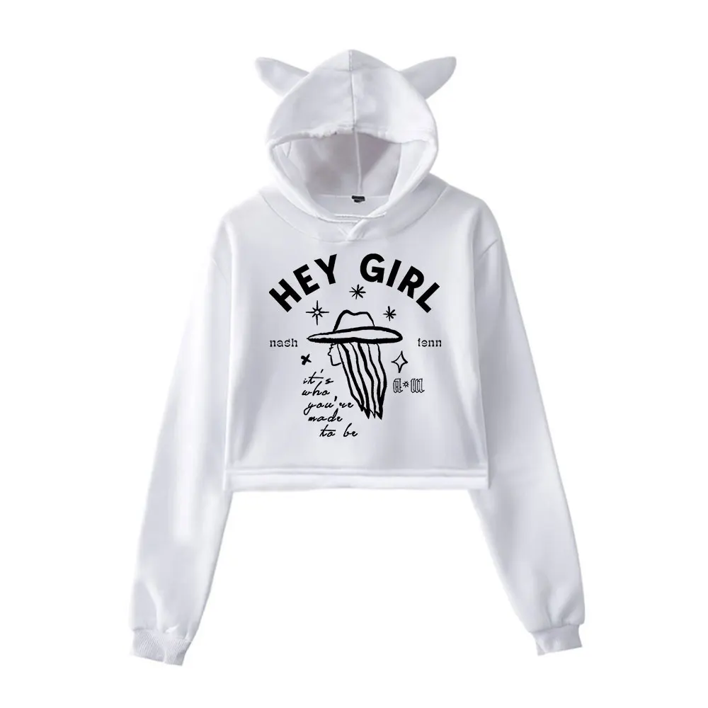 Anne Wilson Hey Girl Cat Ear Hoodie Women Long Sleeve Cropped Sweatshirts Female Casual Streetwear Crop Tops