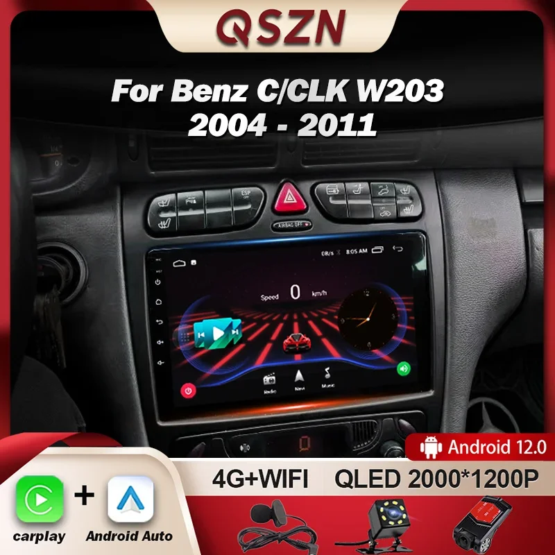 

Автомагнитола QSZN для Benz C-Class W203 W209 C180 C200 CL203 C209 A209 2004-2011, мультимедийный видеоплеер с GPS, Carplay, Android 12