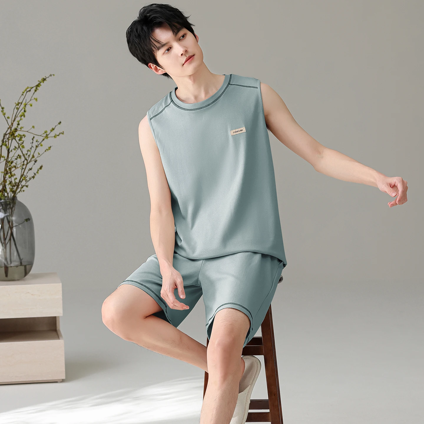Summer Cotton Men Pajamas Set Round Neck Loose Soft Casual Male Vest Sleepwear Sleeveless Mens Pyjamas L-7XL