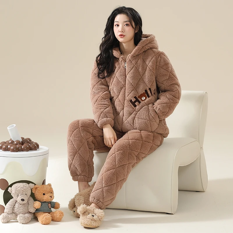 Winter Women Pajamas Set 3 Layer Clip Cotton Hooded Pijama Female Thick Warm Cute Cartoon Sleepwear