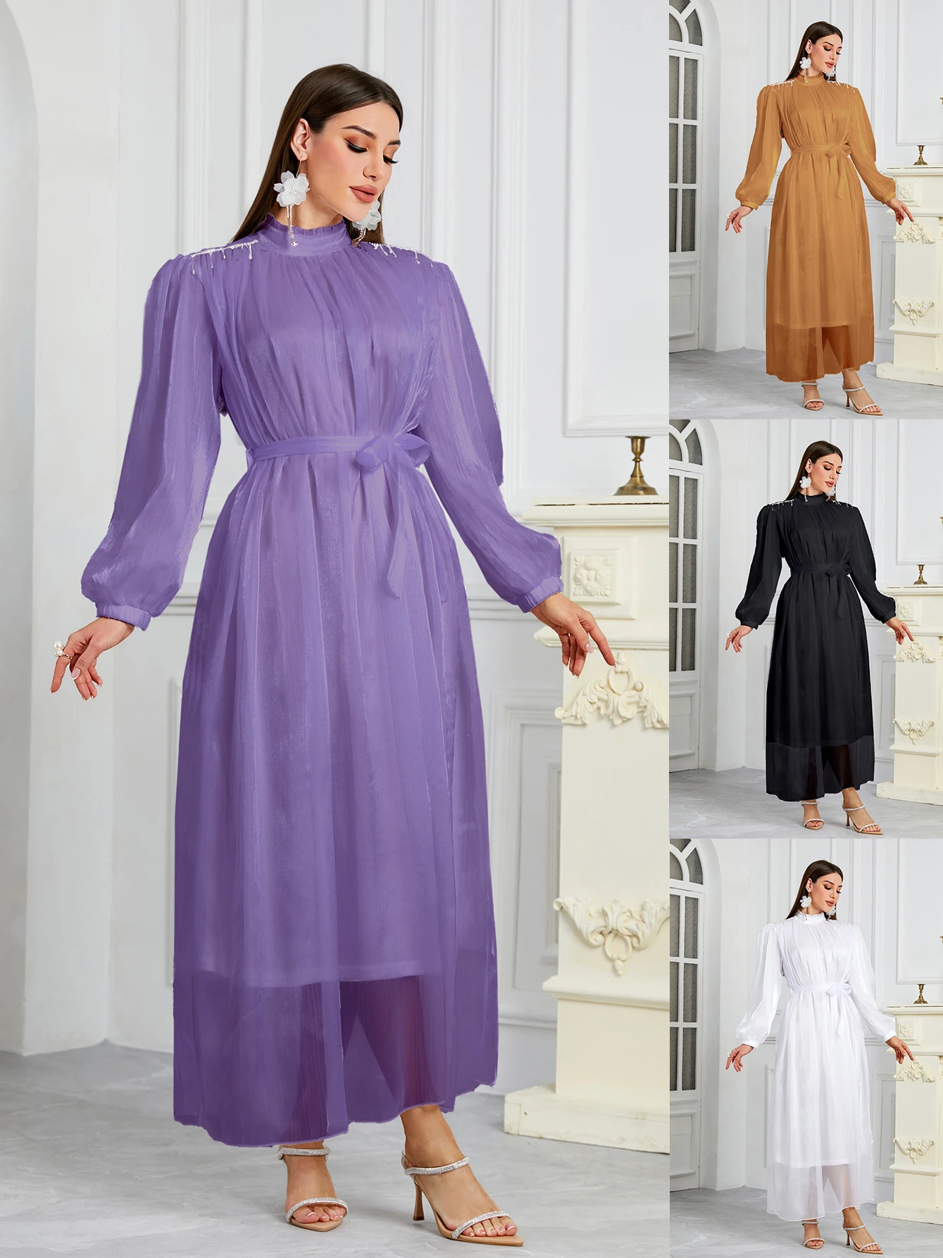 

Plus Size Wow! New Stylish Ruffled Tulle Dress with Lantern Sleeves & Belt - Dazzle at Your Next Event!