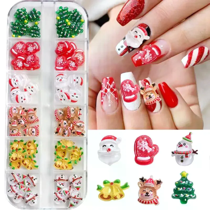 12 raster 36/60 stuks Kawaii Kerst 3D nagelbedels Sneeuwpop Kerstboom Rendier Kerstman Hars Steentjes Edelstenen voor nageldecoratie