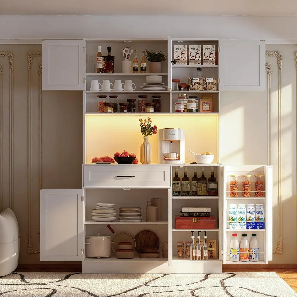 USA Stock 72 Kitchen Pantry Cabinet with LED Light and Charging Station Tall Storage with Adjustable Shelves and Door Shelves