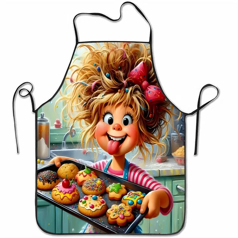 Funny Baker Girl Apron, Cute Cartoon Cupcake Kitchen Bib Sweet Dessert Lover Cooking Apron Colorful Pastry Chef Waistcloth, Gift