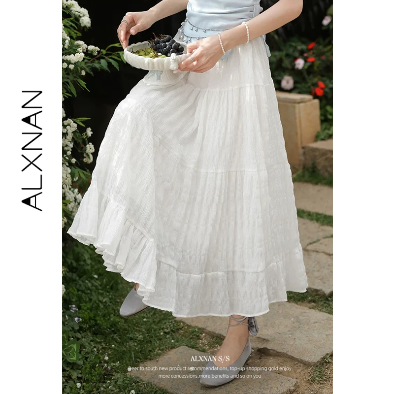 

ALXNAN Women's Midi Skirt White Elegant Holiday Long Skirt 2026 Summer A-line Casual Vacation Loose-fit Ladies Clothing L55173