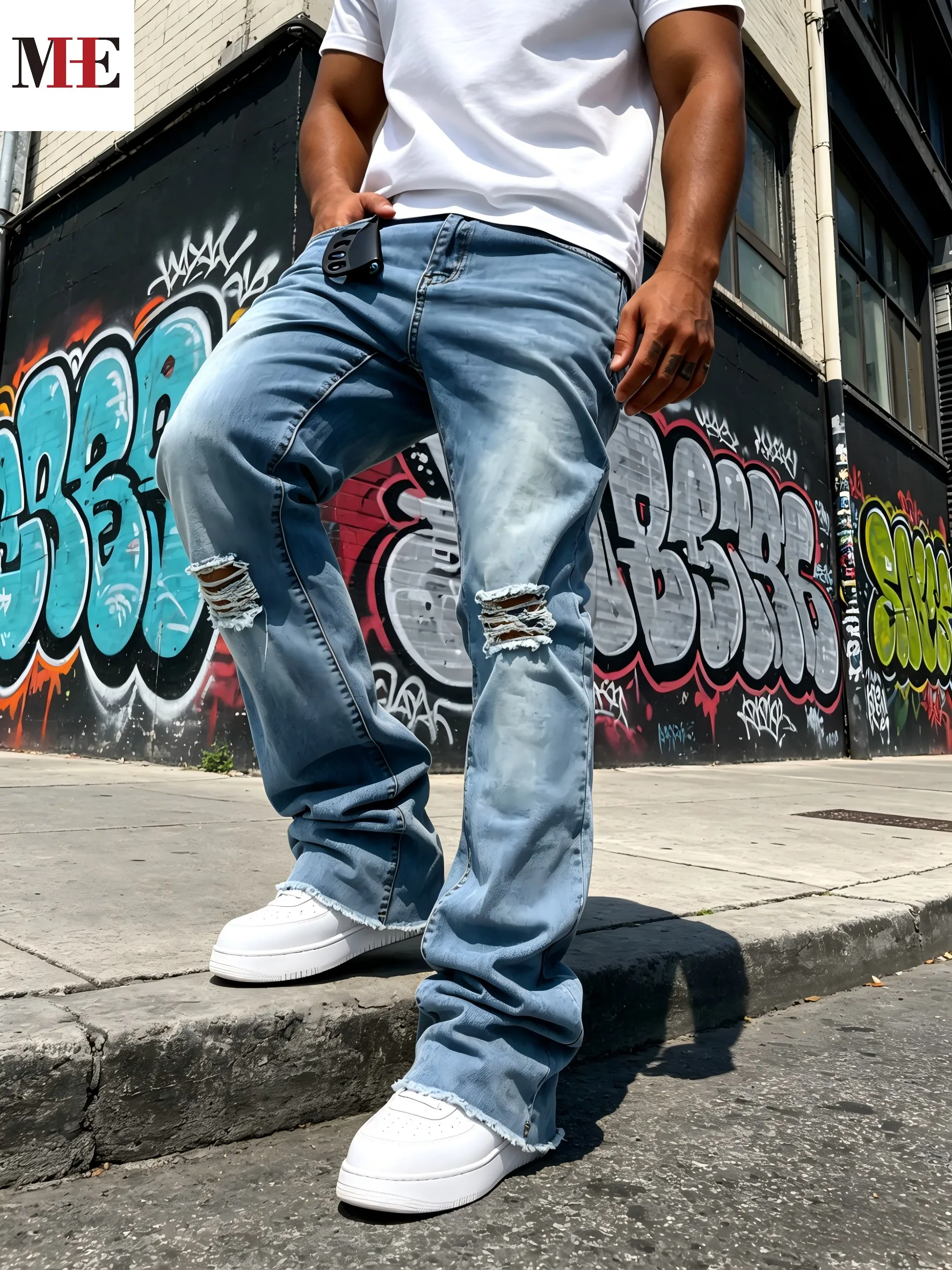 

HME Men's Light Blue Denim Pants, Distressed Flared Jeans with Knee Rips & Frayed Hem for Streetwear
