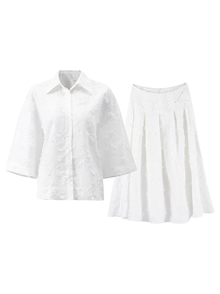 الشارع قميص تنورة مجموعة النساء رفض طوق زر أعلى عالية الخصر مطوي التنانير وتتسابق 2025 الربيع الصيف الإناث رداء غير رسمية #5