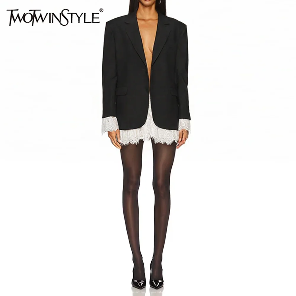 

TWOTWINSTYLE хитовый цвет, свободные кружевные элегантные пиджаки для женщин, темпераментный пиджак с лацканами и длинными рукавами, женская модная одежда