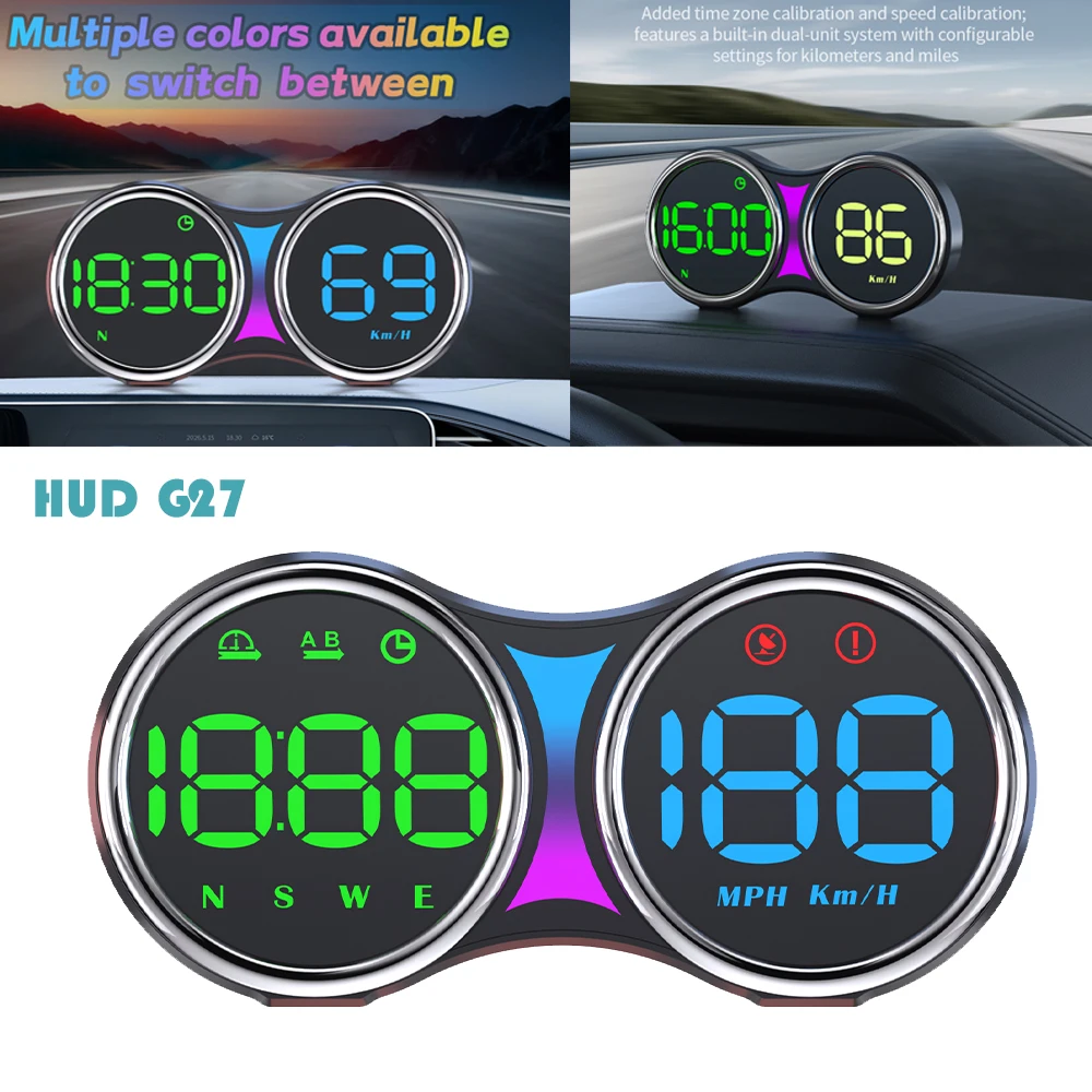 Plug and Play Automatic light-sensing brightness adjustment New 2-Gauge USB Car GPS Speedometer HUD G27 for all 12V 24V Vehicles