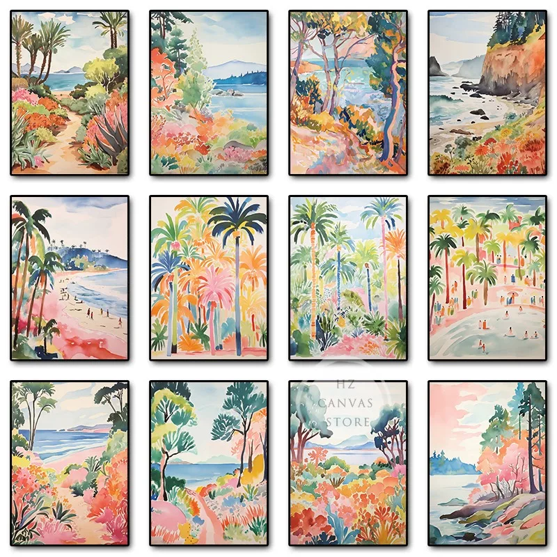 Акварельные пастельные пляжные цветы, постер с принтом, холст, картина, прибрежные пальмы, пейзаж, настенная художественная картина для комнаты, домашний декор