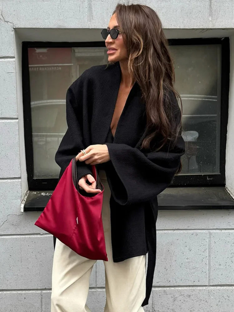 

2025 New Women's Black Lace Up Overcoats Autumn Chic Office Jackets Slim Fit Pleated Coat Elegant V-neck Commute For Lady Coats