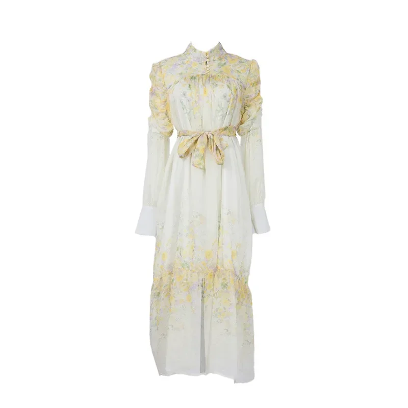 Vintage Australian Style Court-Inspired Puff Sleeve Floral Long Dress Loose Fit Bow-Decorated Dress From Cross-Border Supply