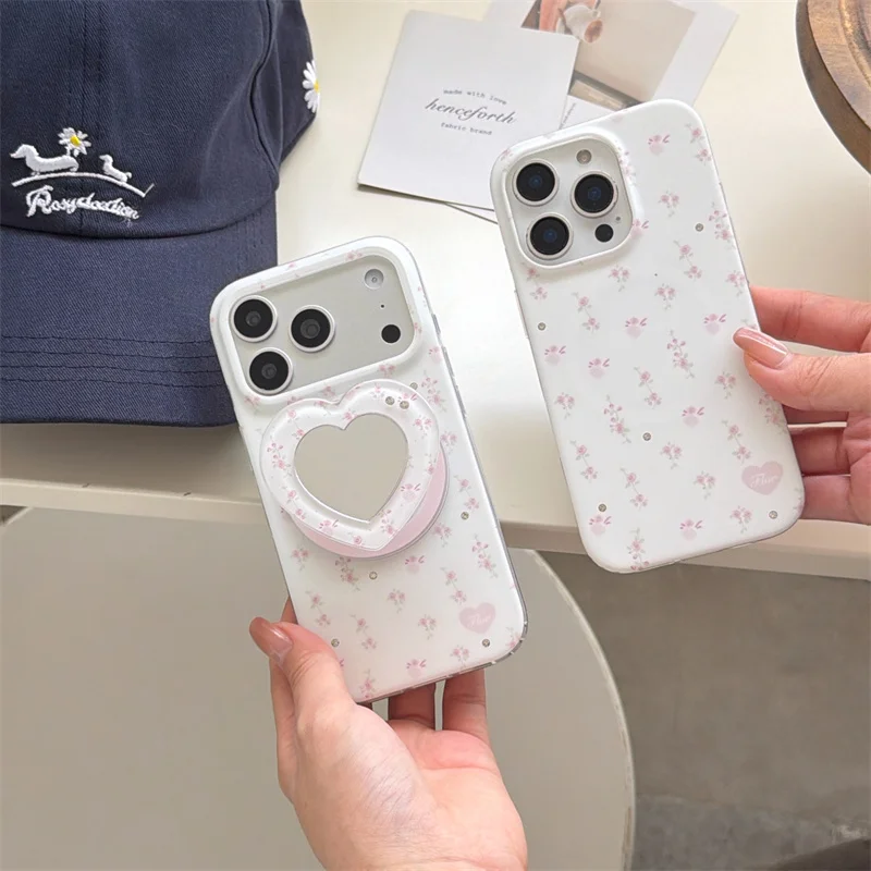 Cute Coquette Rose Floral Magnetic Phone Case For iPhone 17 16 Pro 15 14 Pro Max with Heart Mirror Stand Holder Cover for Magsaf