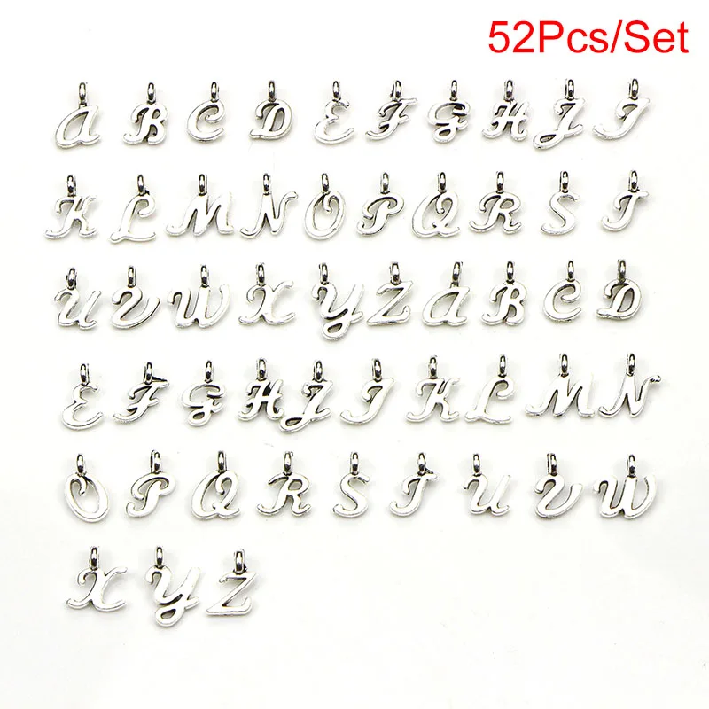 52 Pcs/Set Bulk Lots Tibetan Silver Mix Charm 26 Letter A-Z Pendants Jewelry DIY