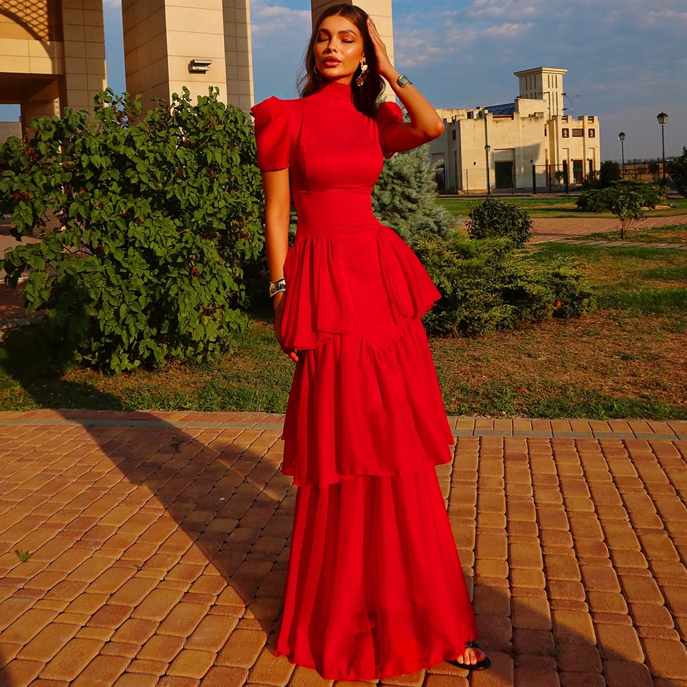 

Customized High Neckline Ruffles Draped Jersey Evening Dress Red Short Sleeves Simple Floor Party Dress A-line Zipper Prom Gown