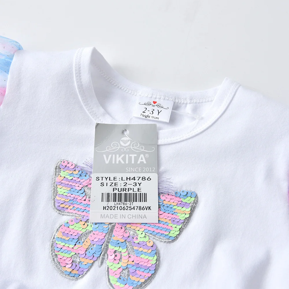 VIKITA Mädchen Langarm Herbst Frühling Kleider Kinder Bunte Schmetterling Pailletten Applizierte Glitzer Farbverlauf Prinzessin Mesh Kleider – Detail 3