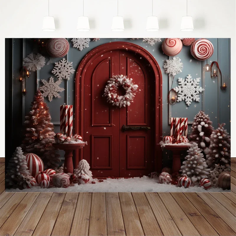 عيد الميلاد الباب الأحمر خلفية للتصوير الدعائم ندفة الثلج الحلوى الحلوى جدار شجرة فتاة صورة خلفية الديكور فوتوزون