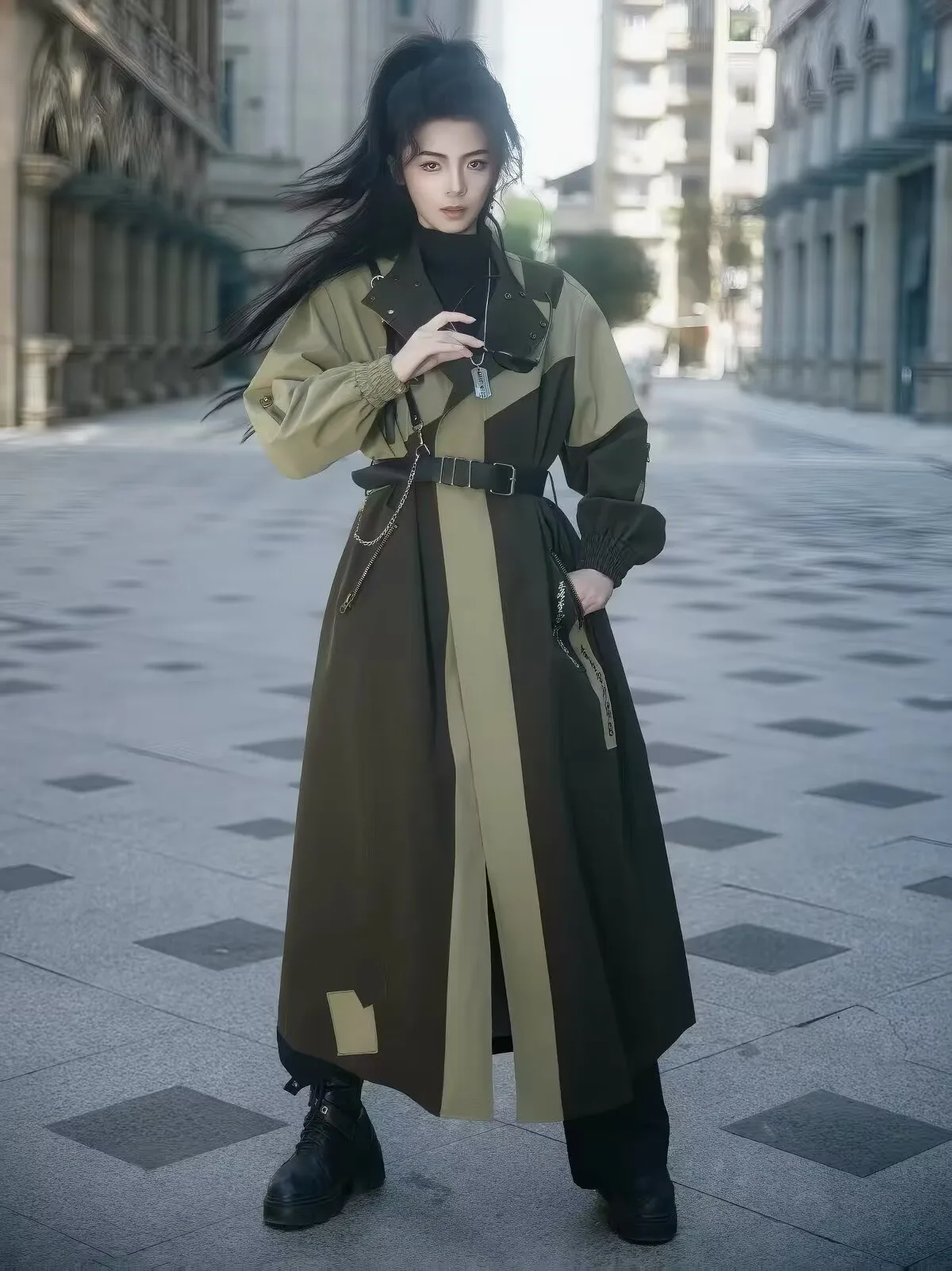 Unisex Chinese Han Elements Long Trench Coat Color‑Block Spliced Windbreaker Loose Vintage Streetwear Outerwear for Daily Cospla