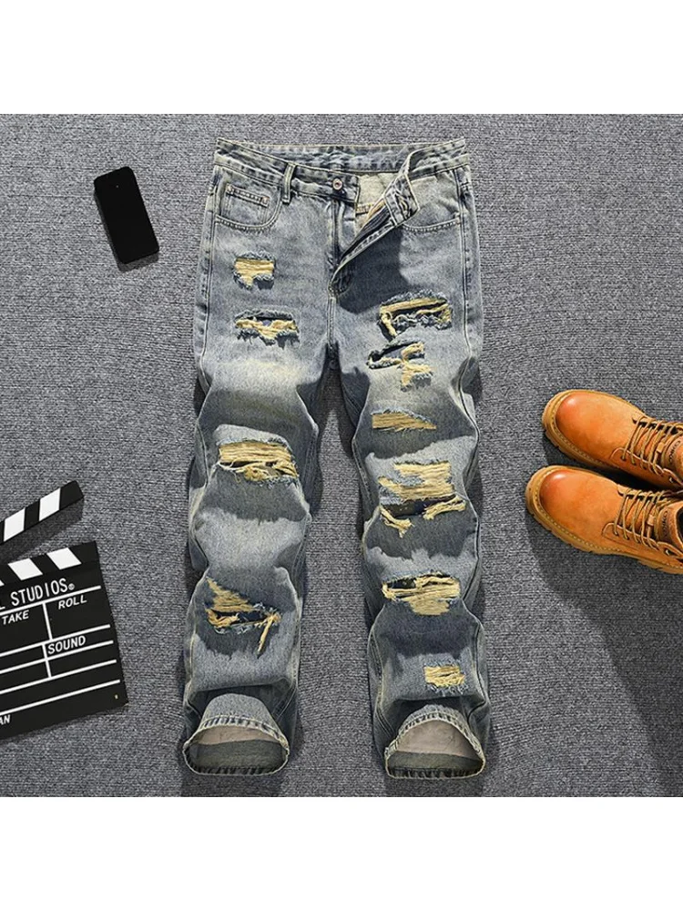 2025年パーソナライズされたハンサムなダメージジーンズ メンズストリートファッションブランド ルーズストレートレッグ ワイドレッグ レトロ ダメージデニムパンツ